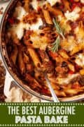 close up of aubergine pasta bake with text overlay