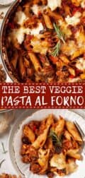 multiple images of pasta al forno with text overlay