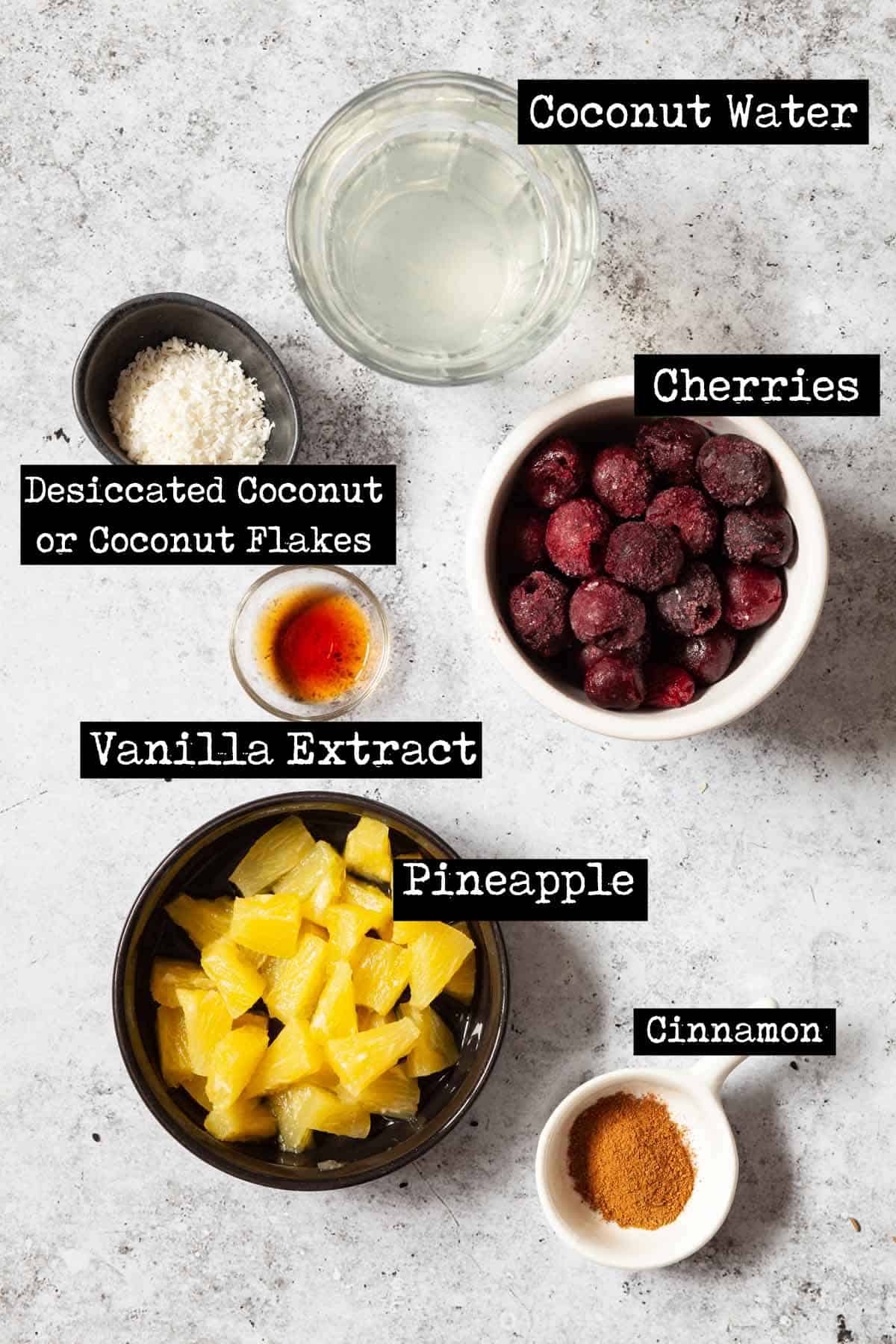 Ingredients for a blended fruit drink with text overlay