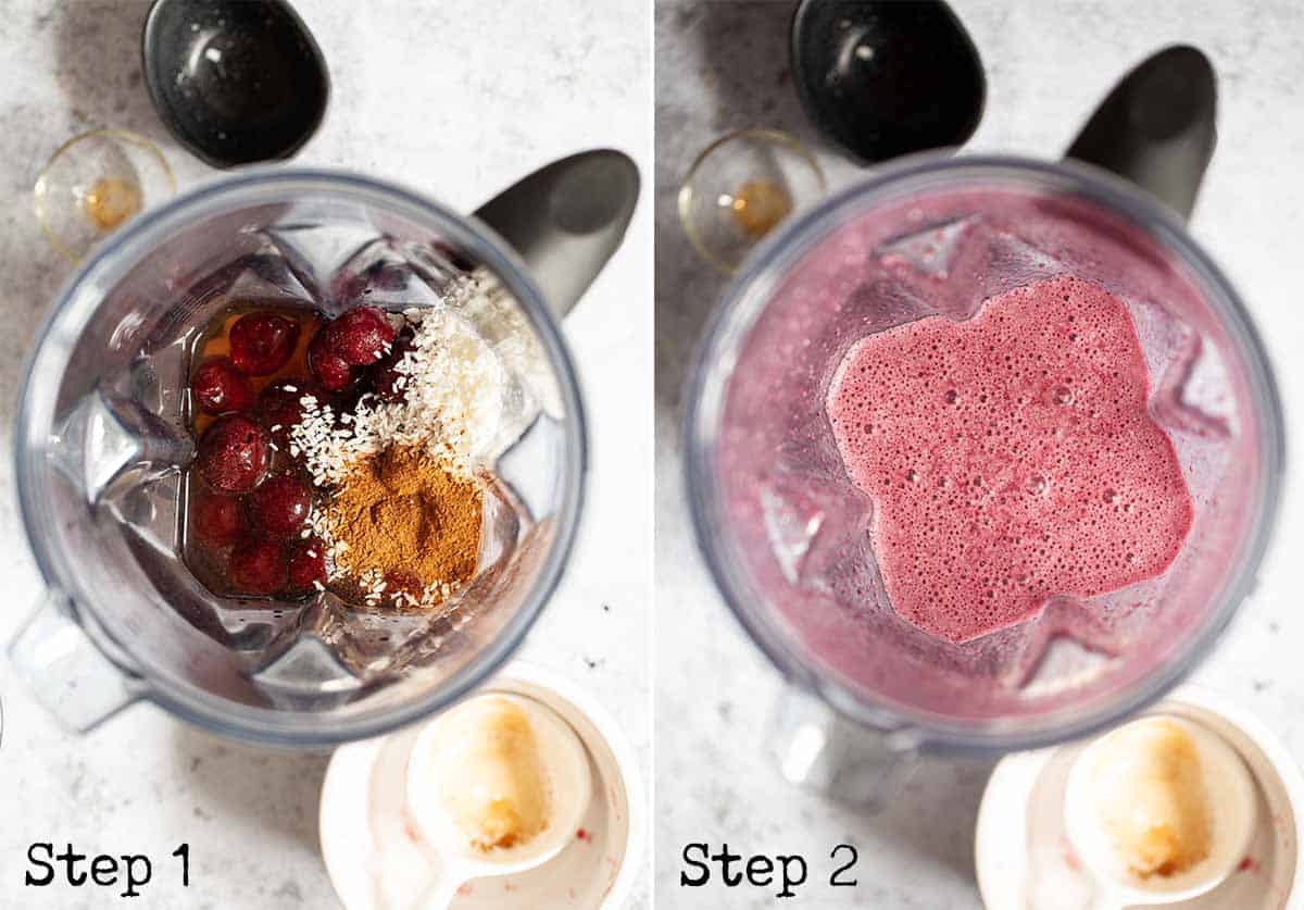 Process shots showing whole ingredients in a blender jug and the blended result