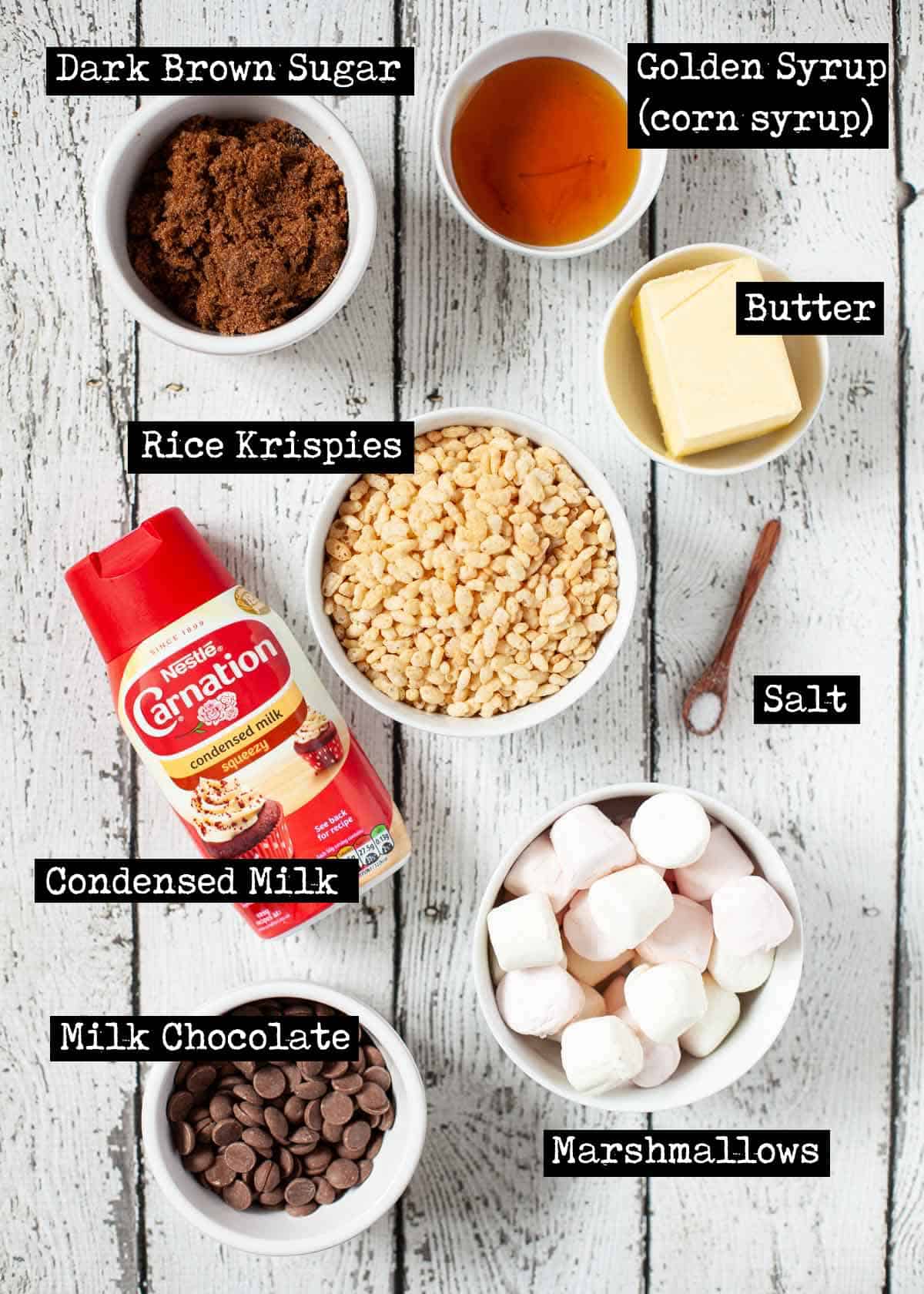 Labelled ingredients for chocolate caramel rice krispie treats