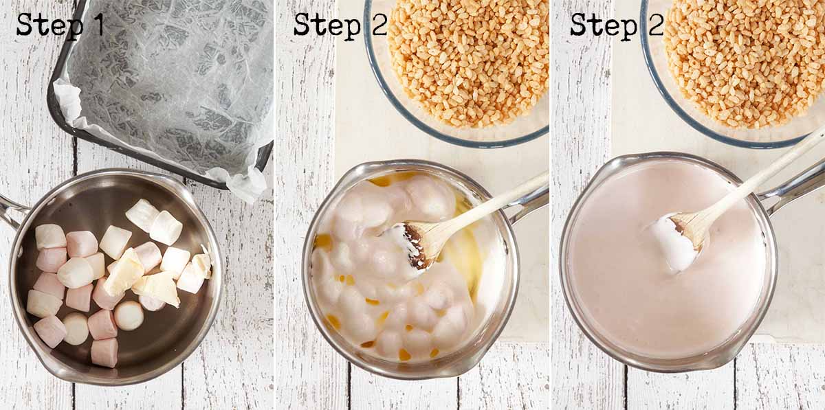 Collage of three process images of marshmallows and butter melting in a pan