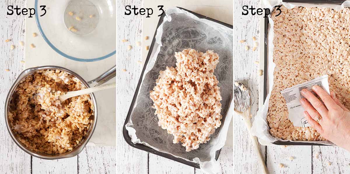 Collages of images showing gooey cereal mix being mixed and pressed into a baking tin