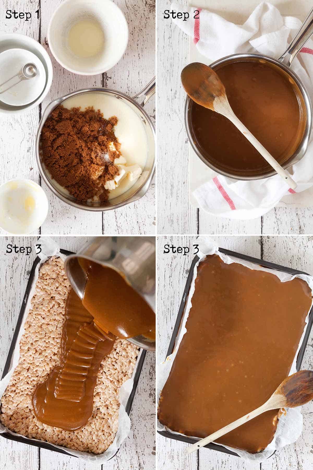 Collage of images showing caramel being made and poured into a baking tin
