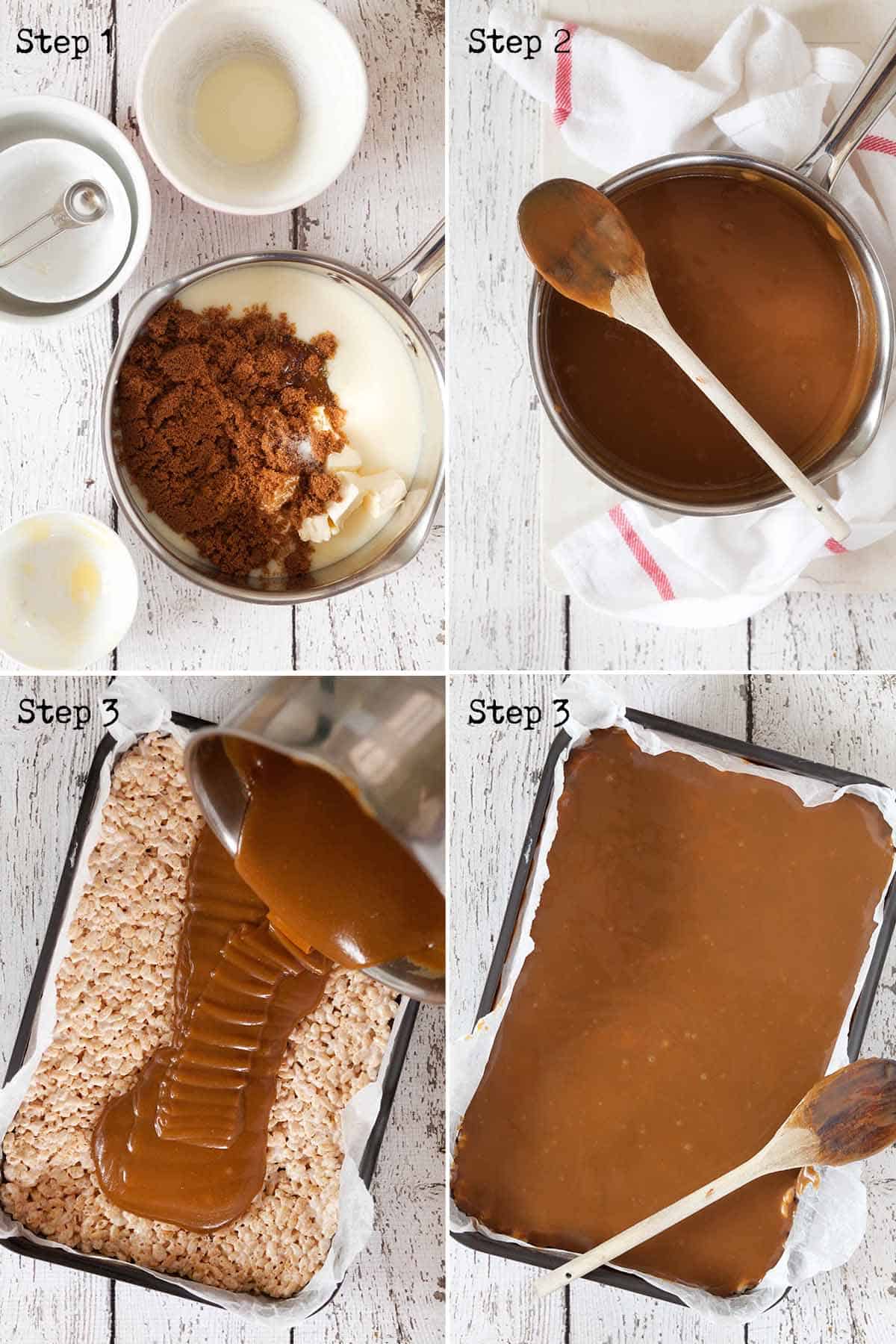 Collage of images showing caramel being made and poured into a baking tin