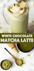 White chocolate matcha latte with text overlay