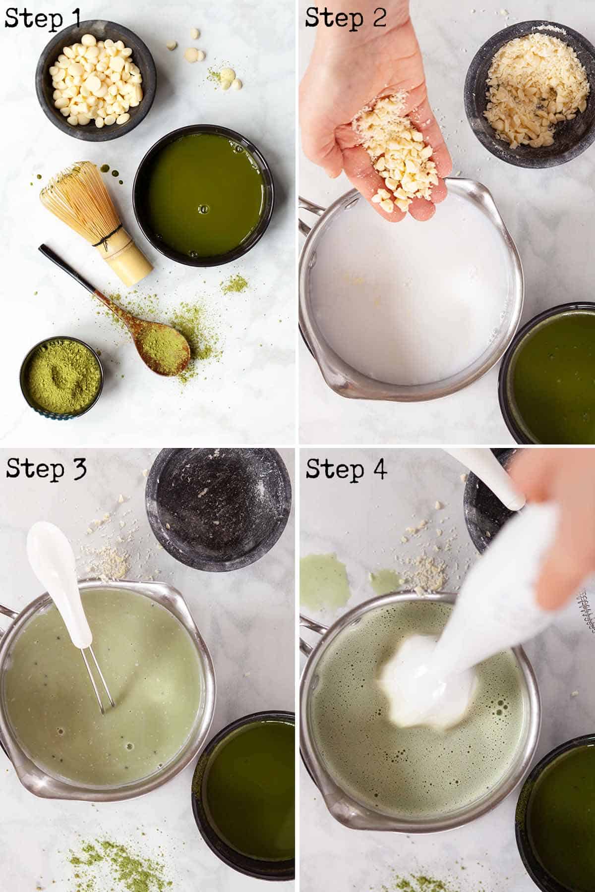 Step by step collage showing how to make a green tea drink