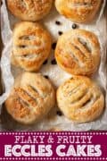 Eccles cakes on waxed paper with text overlay