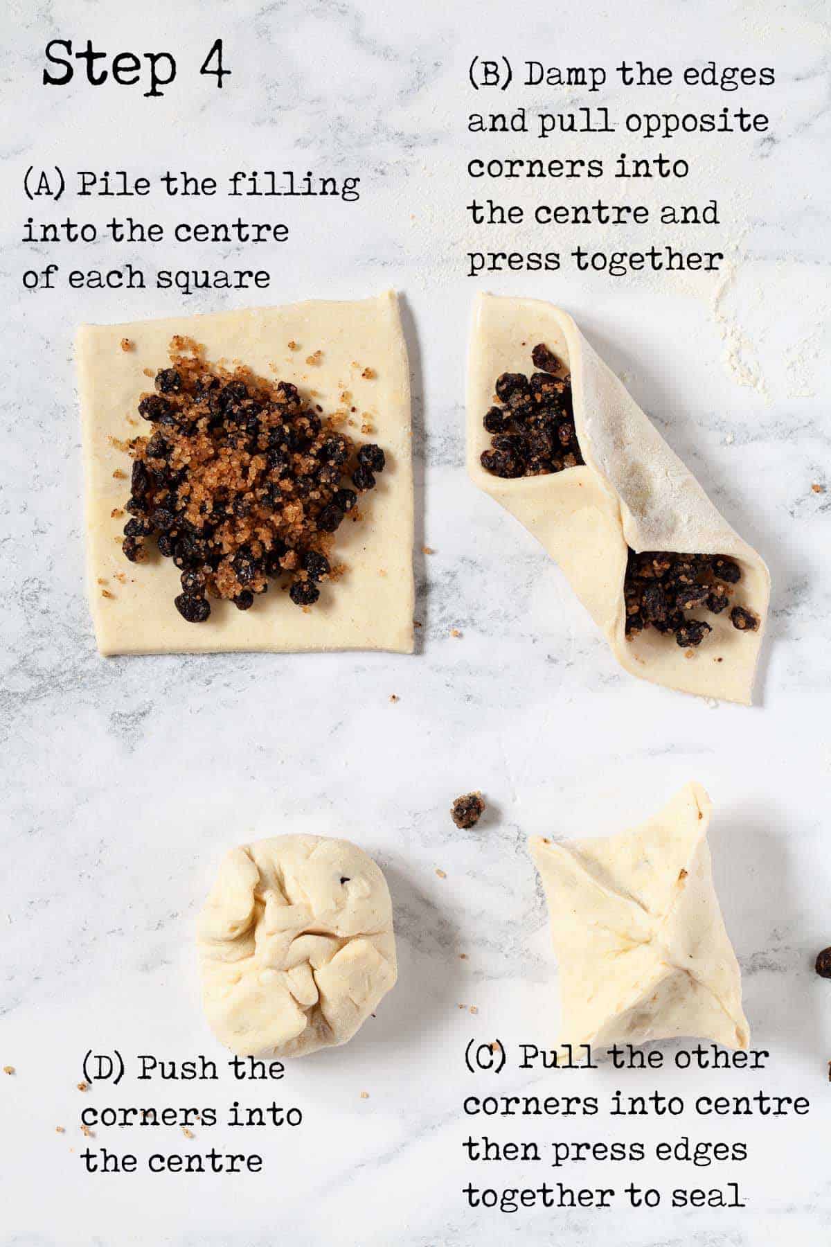 Step by step image with text overlay - folding pastry around a filling