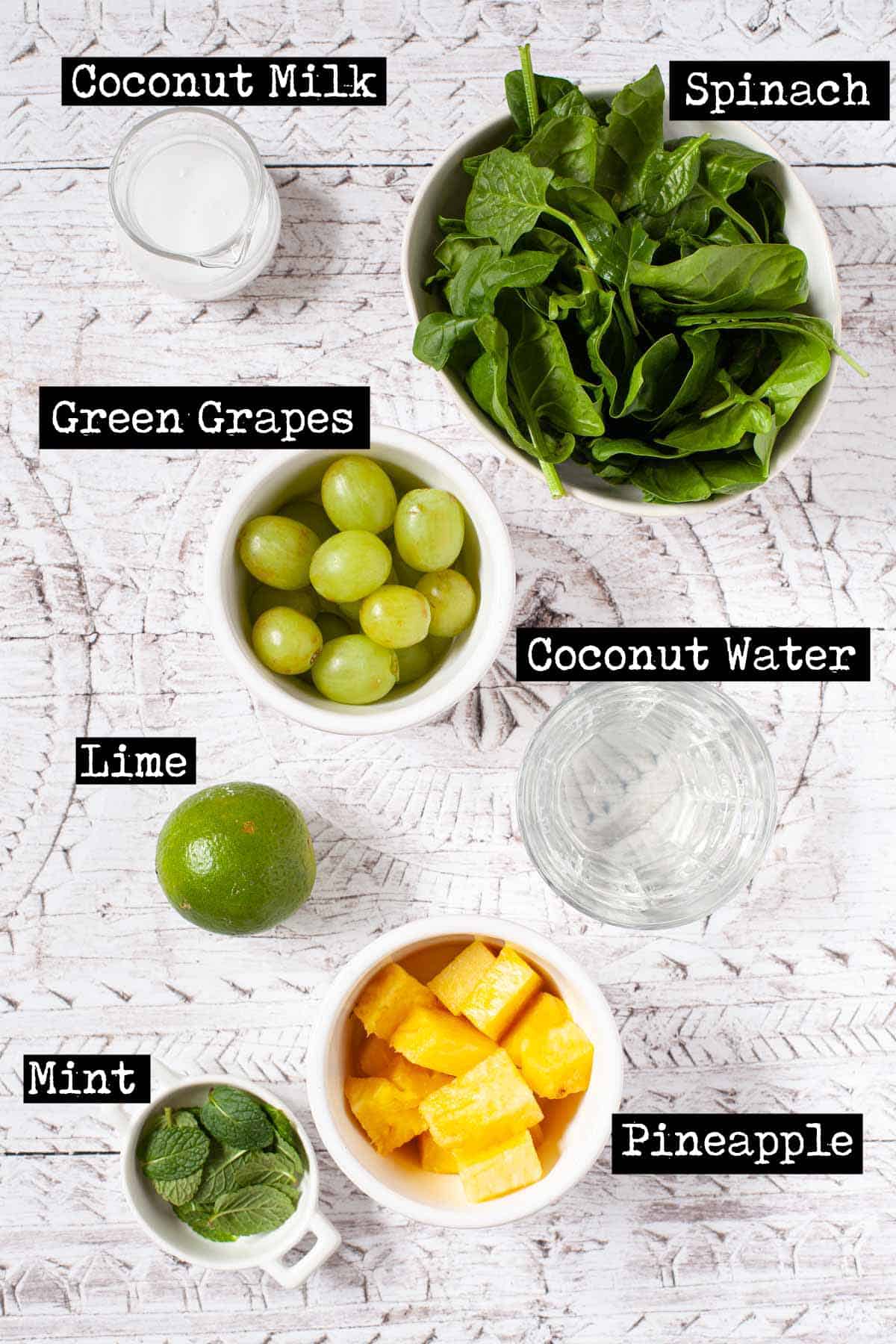 Labelled ingredients for a fruit and spinach drink