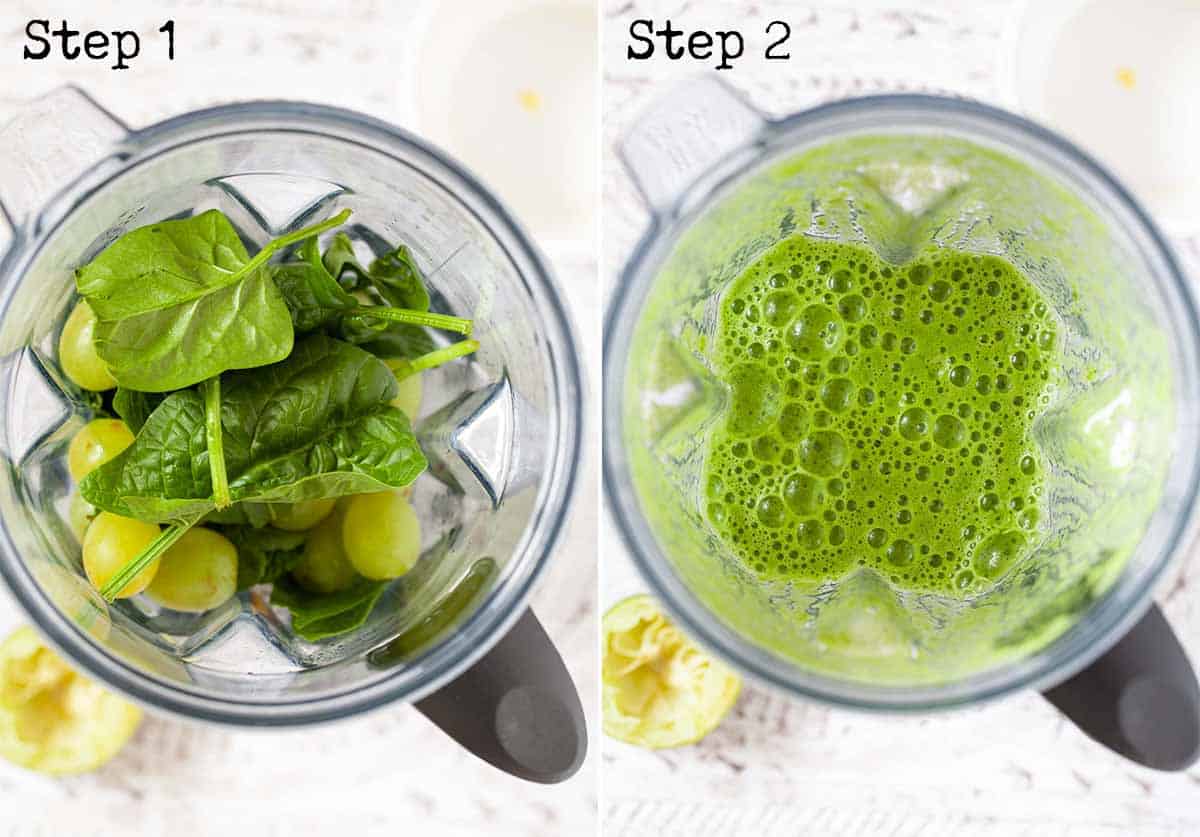 Collage of 2 images showing whole ingredients in a blender and processed ingredients