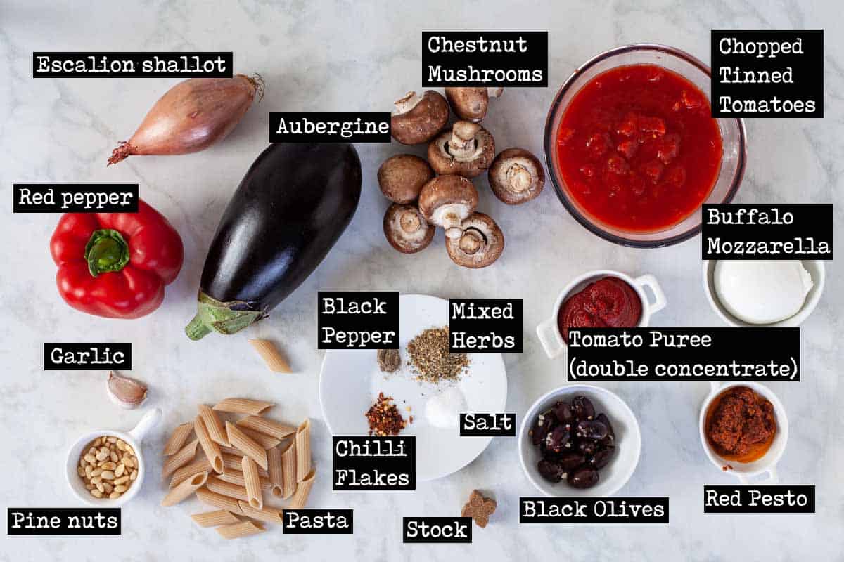 Ingredients for aubergine pasta bake