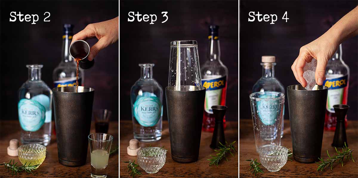 step by step image collage for making a cocktail with egg white
