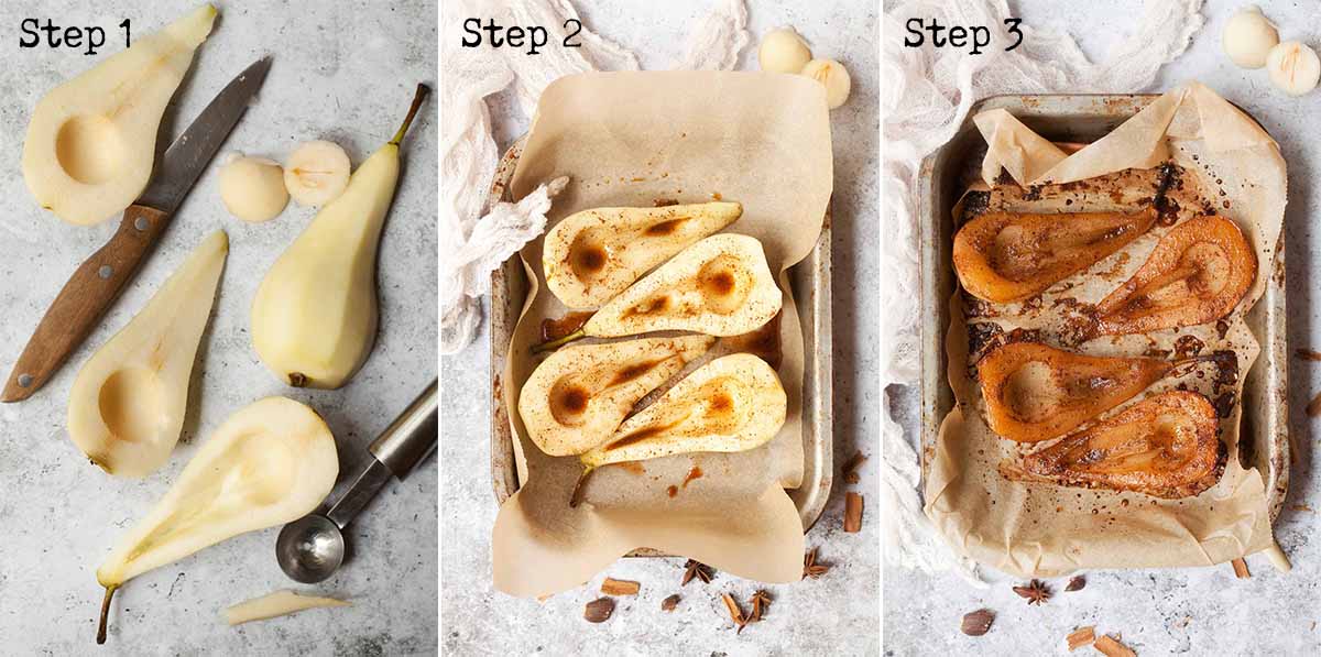 Step by step collage showing how to roast pears with chai spice