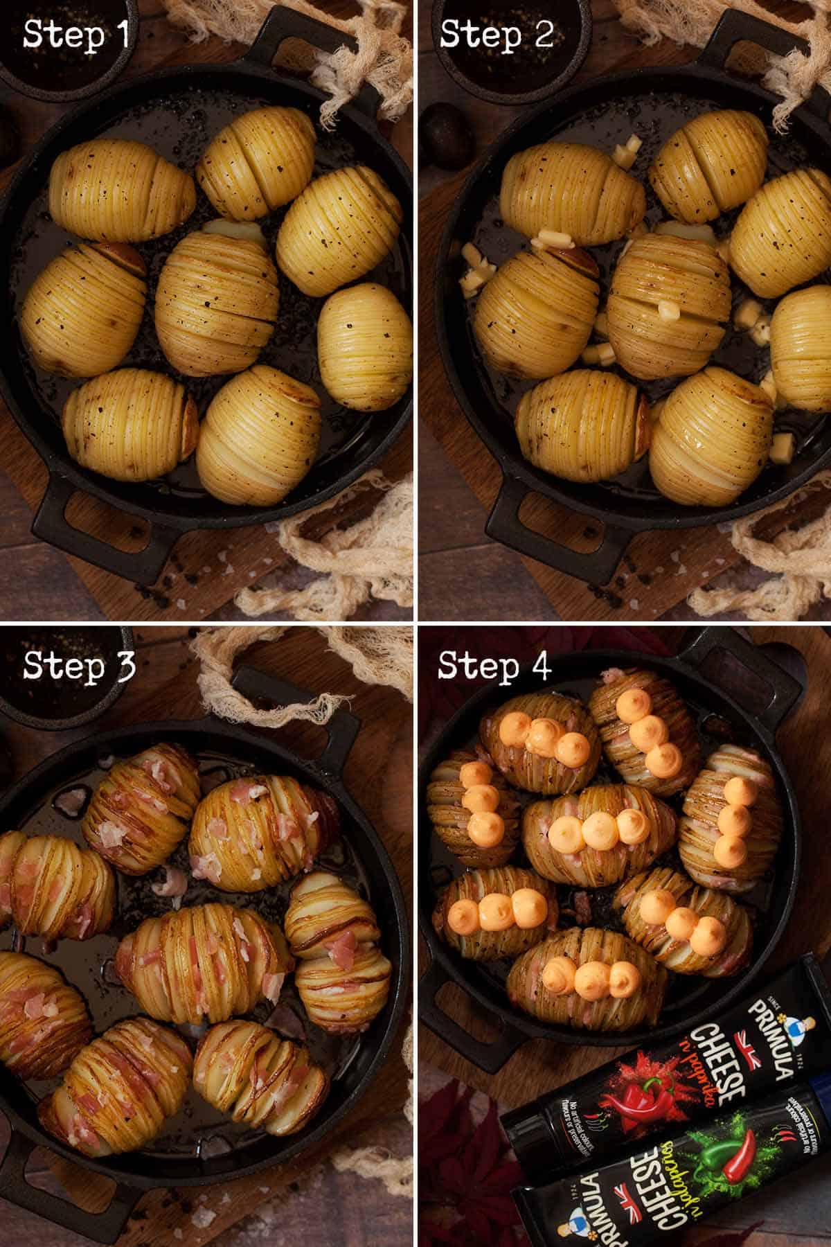 Collage of images showing cheesy hasselback potatoes being made