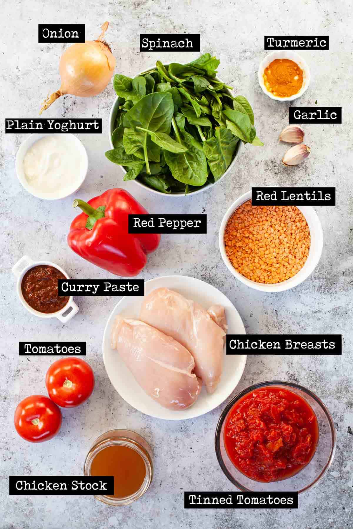 Ingredients for a healthy chicken curry recipe with text overlay