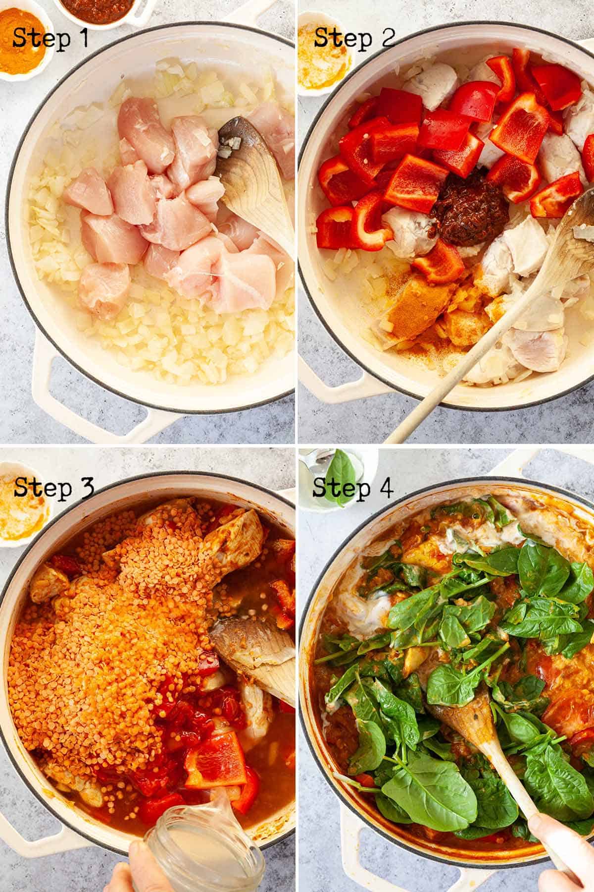 step by step collage showing a healthy chicken curry being made