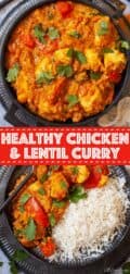 lentil and chicken curry with text overlay