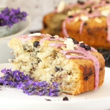 A slice of Vegan blueberry cake with lavender