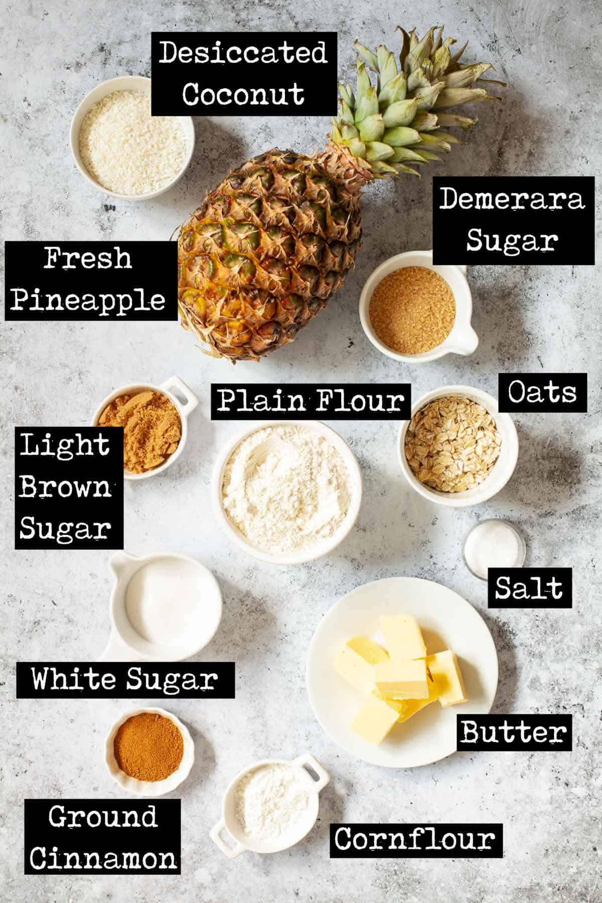 Ingredients for a fruit crisp with text overlay