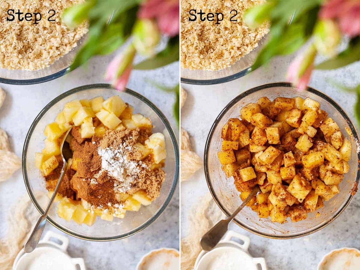 Image collage - tossing fruit with sugar, flour and cinnamon