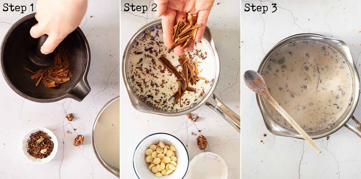 Step by step images showing spices being infused in milk