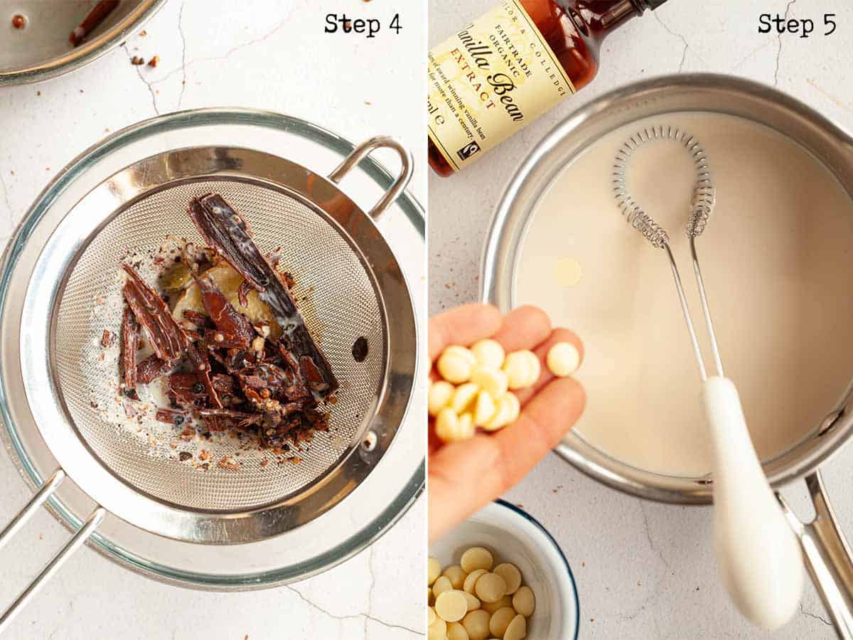 Step by step images: spices being strained from milk and chocolate being added milk