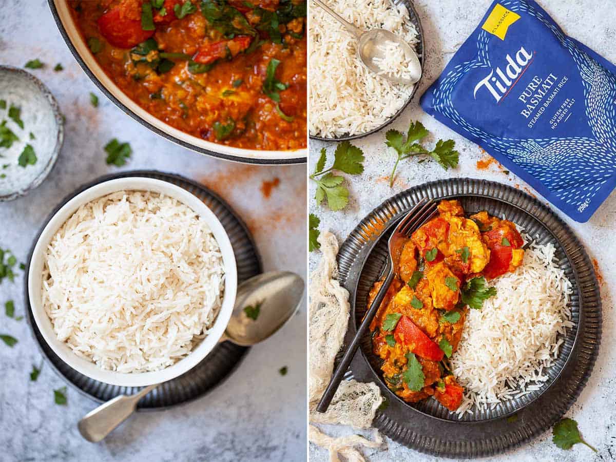 Two images showing recooked rice with Indian food