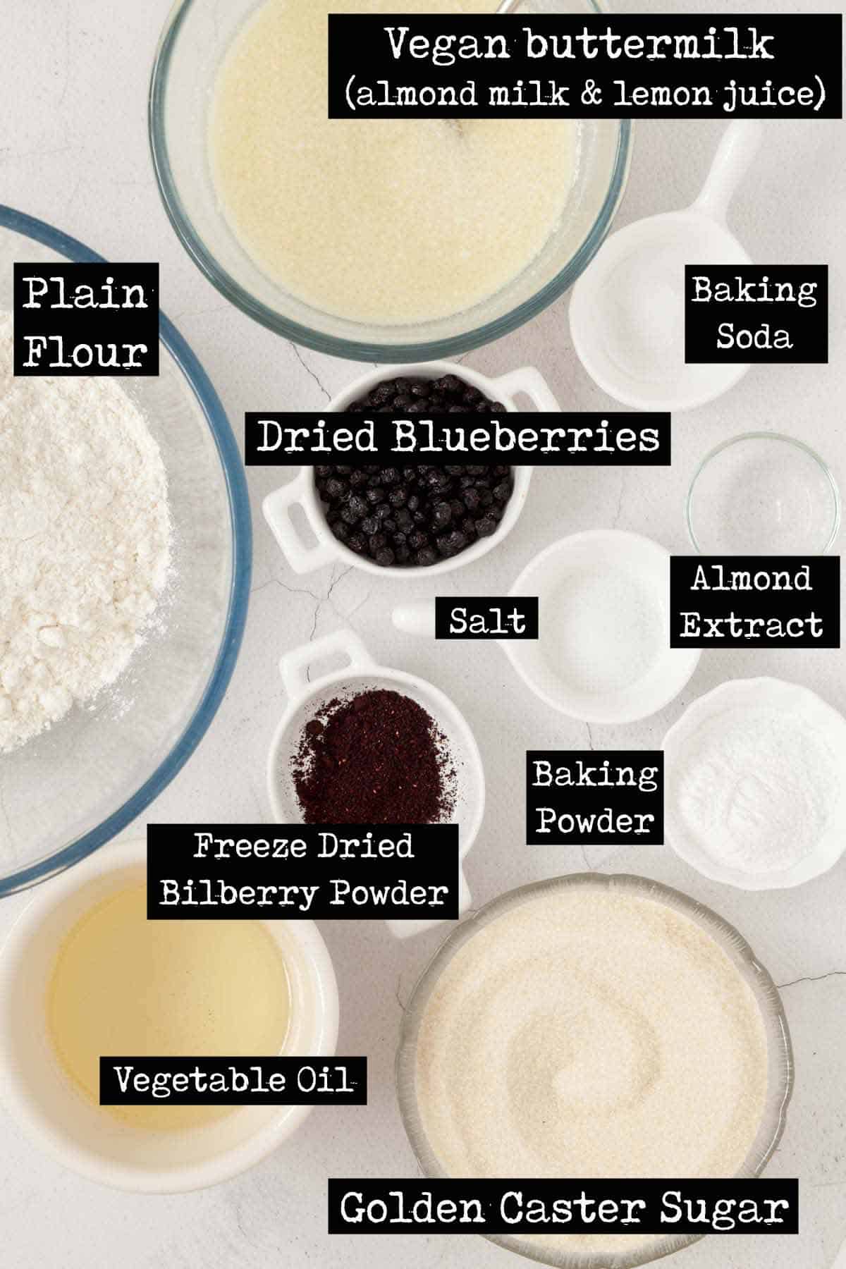 Ingredients for an eggless blueberry cake with with text overlay