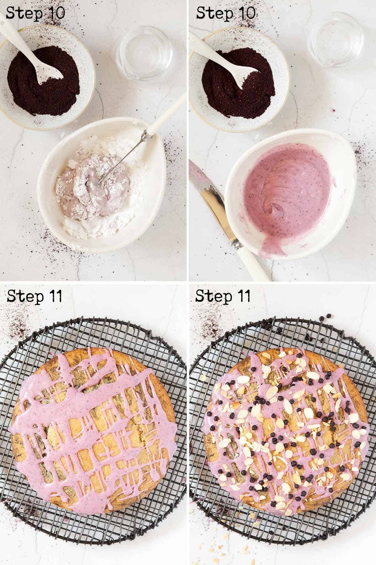 Collage of images showing water icing being mixed and drizzled over a bake