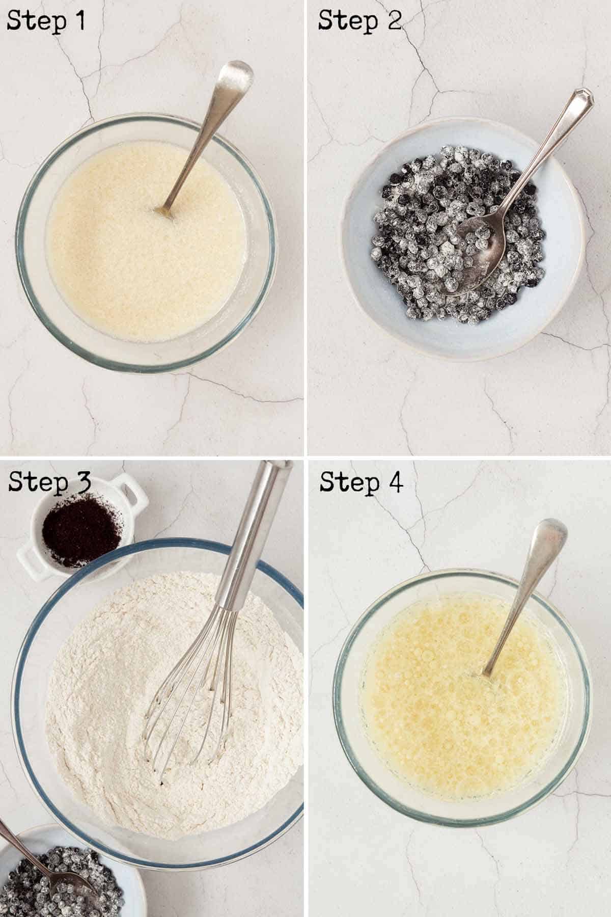 Collage of images showing vegan buttermilk, dried berries and flour in a bowl