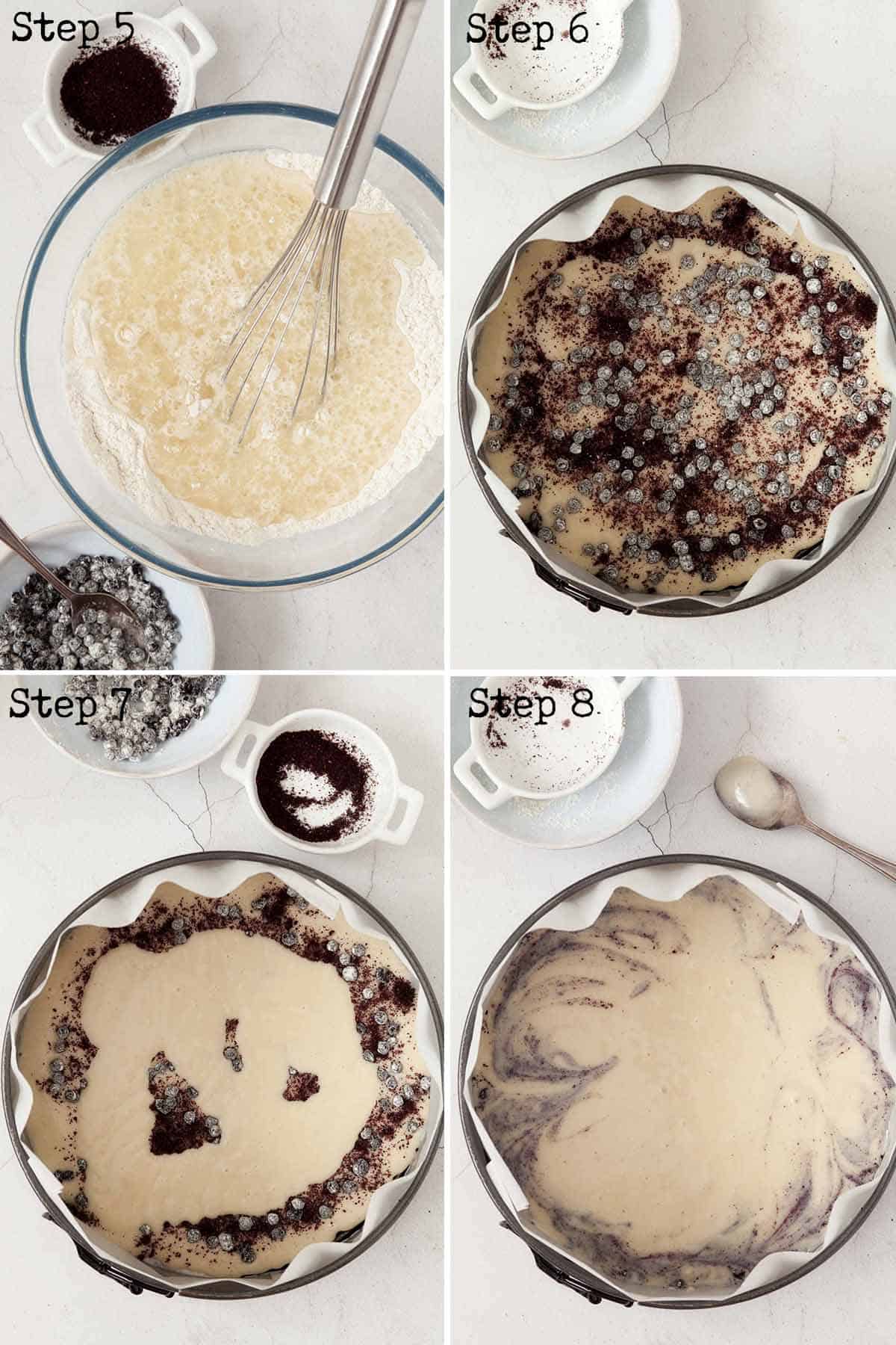 Collage of images showing batter being mixed and poured into a baking tin layered with dried fruit