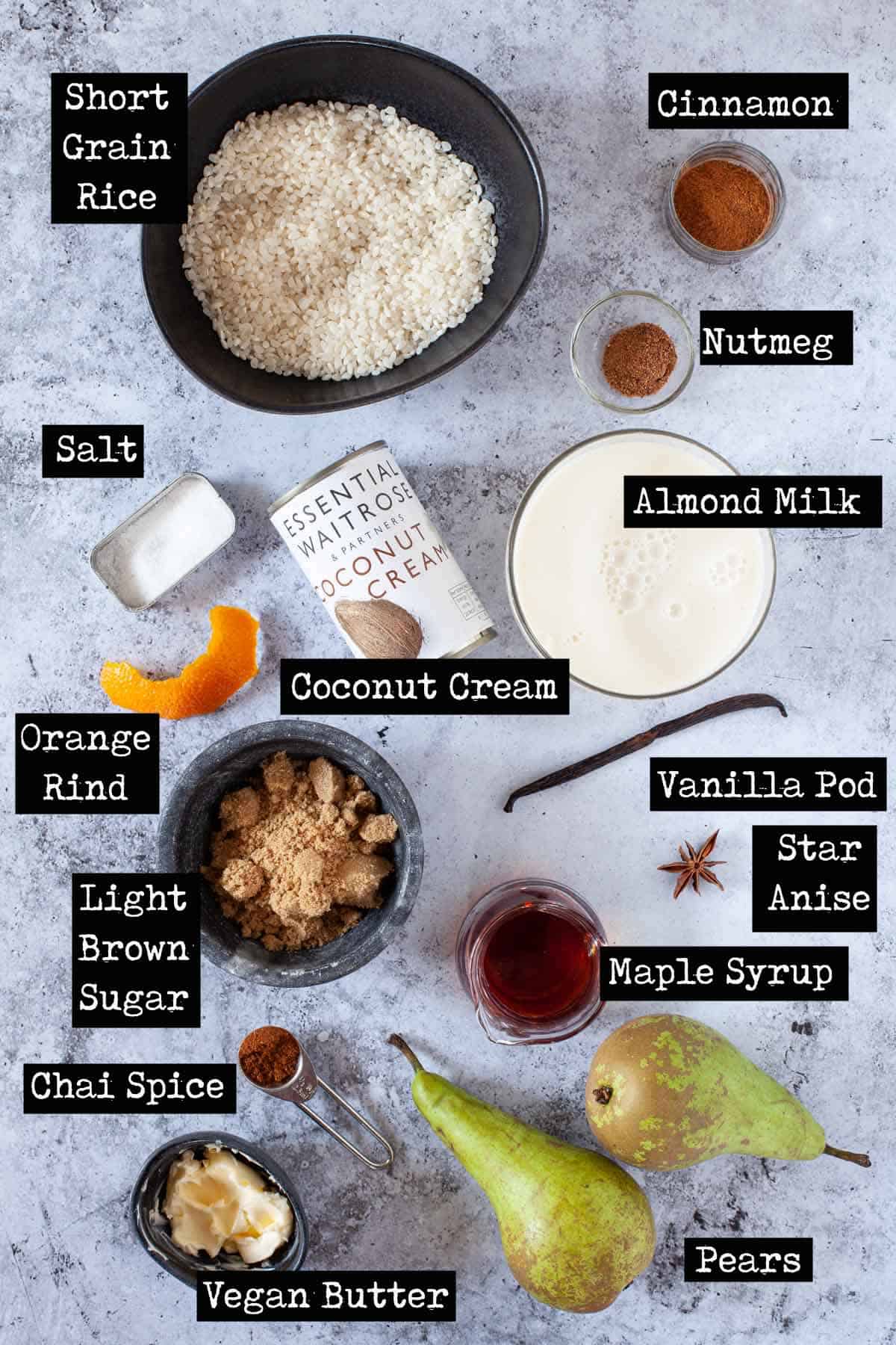 Ingredients for stovetop rice pudding with text overlay