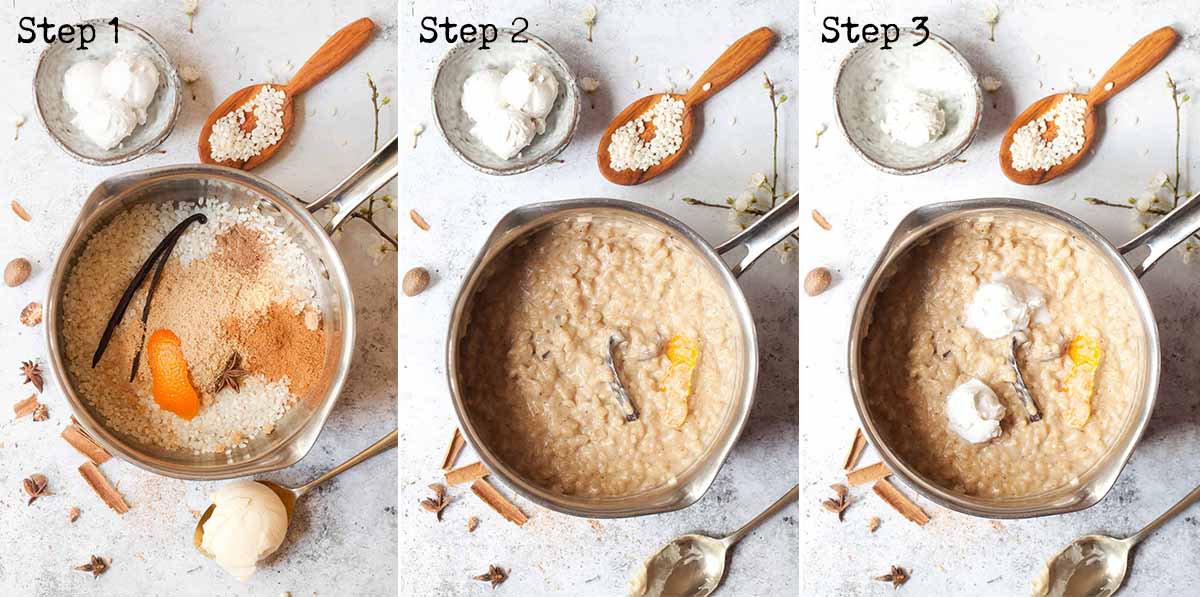 Collage of steps for making creamy rice dessert on the stovetop