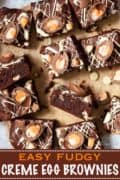 Creme egg brownies with text overlay