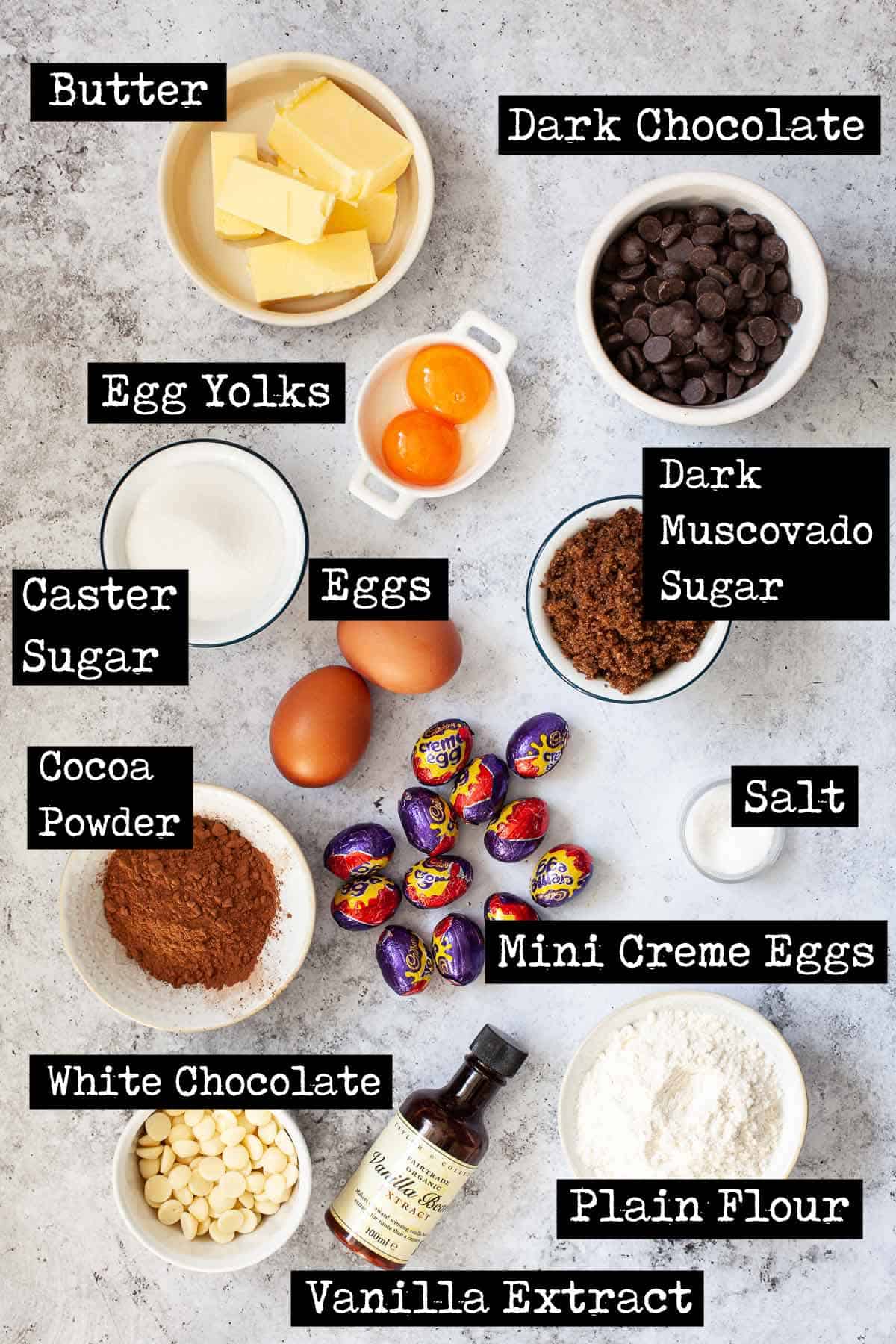 Ingredients for easter brownies with text overlay