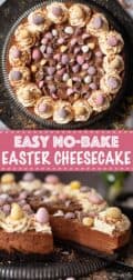 collage of images with text overlay showing a chocolate cheesecake topped with mini eggs