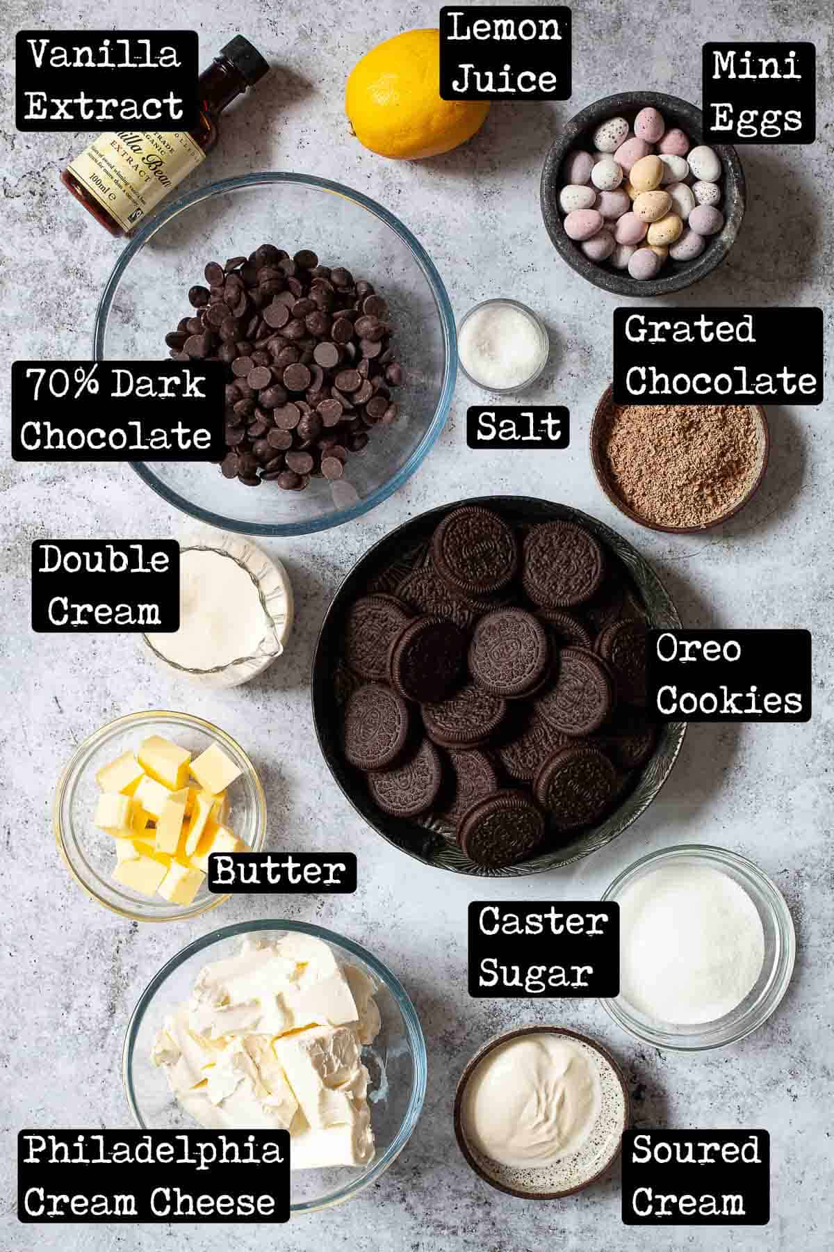 Ingredients for a Easter egg cheesecake with text overlay