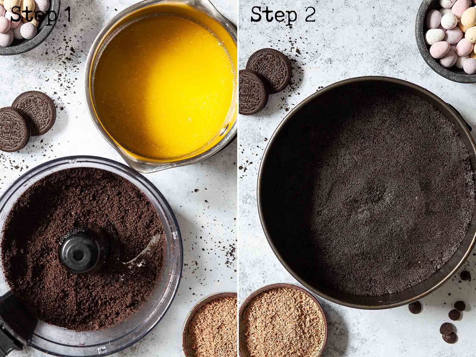 Images showing melted butter and Oreo crumbs, then mixed and pressed into a baking tin