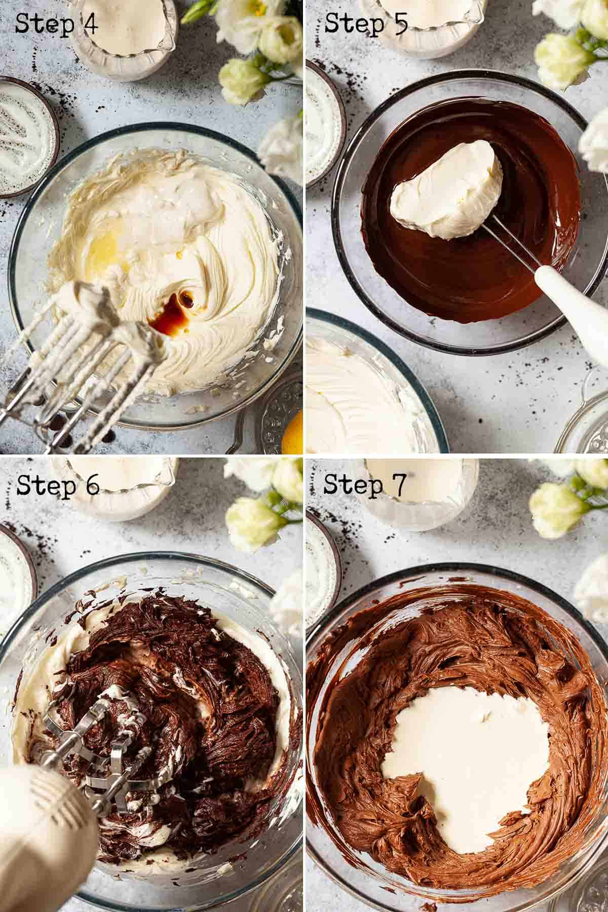 Collage of images showing a creamy no-bake chocolate cheesecake being mixed