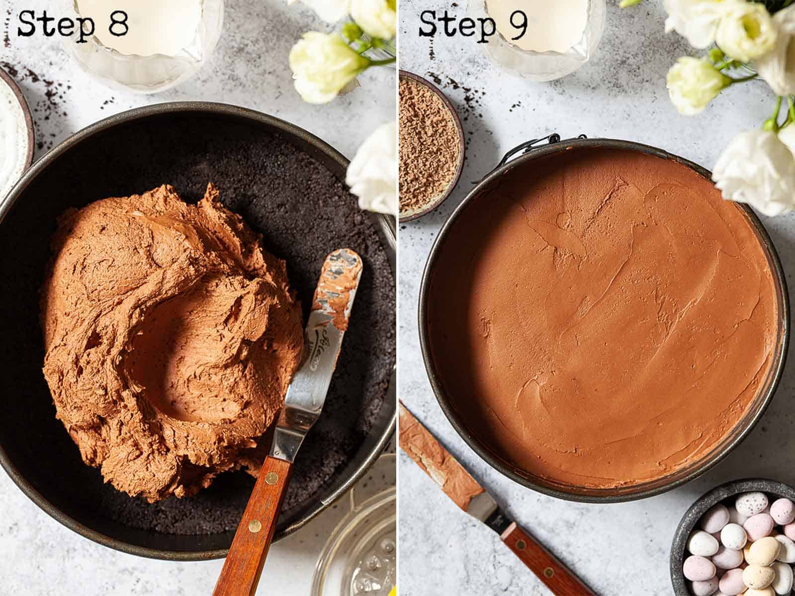 Images showing no-bake chocolate cheesecake filling being put onto an Oreo biscuit base