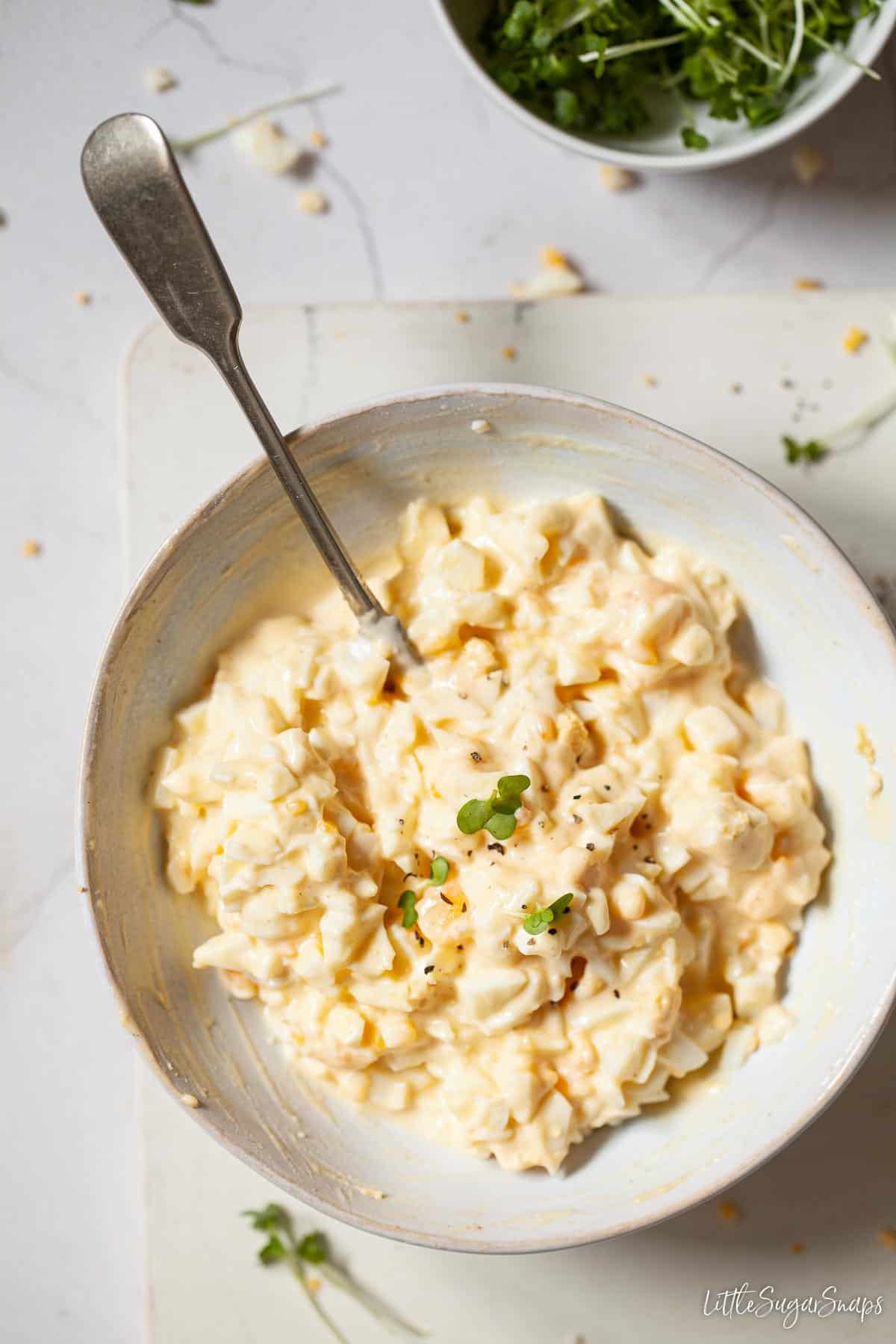 A bowl of egg mayonnaise sandwich filling