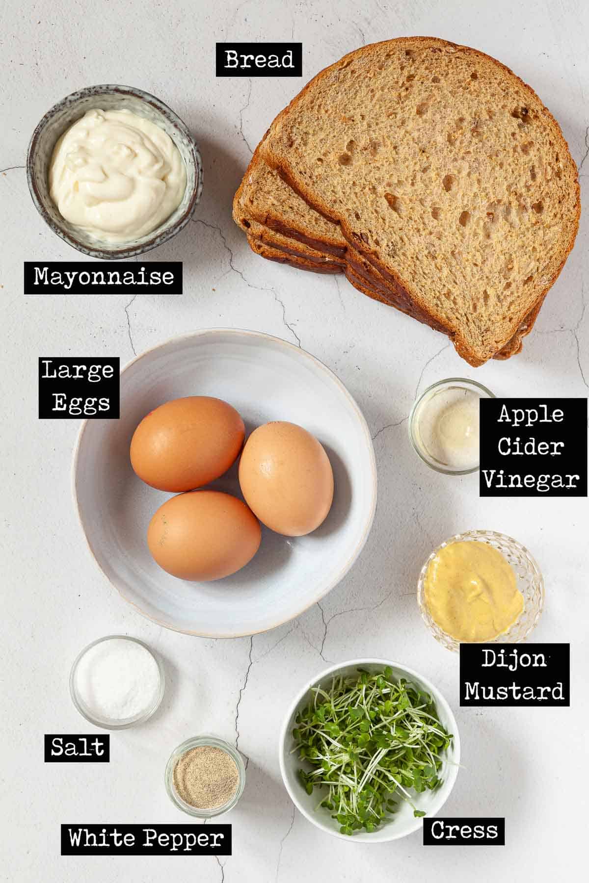 Ingredients for egg and cress sandwich filling with text overlay