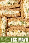 close up of egg mayo sandwiches with text overlay