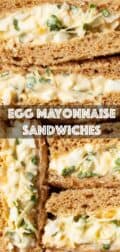 Close up of egg mayo sandwiches with text overlay