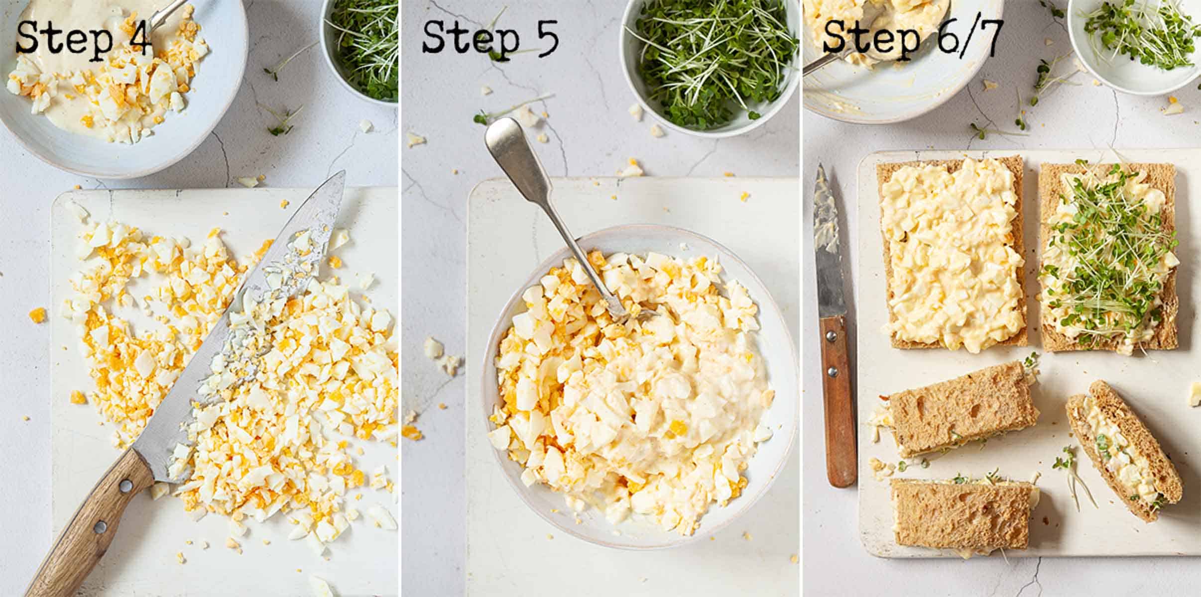 Collage of images showing a creamy filling being prepared for afternoon tea sandwiches