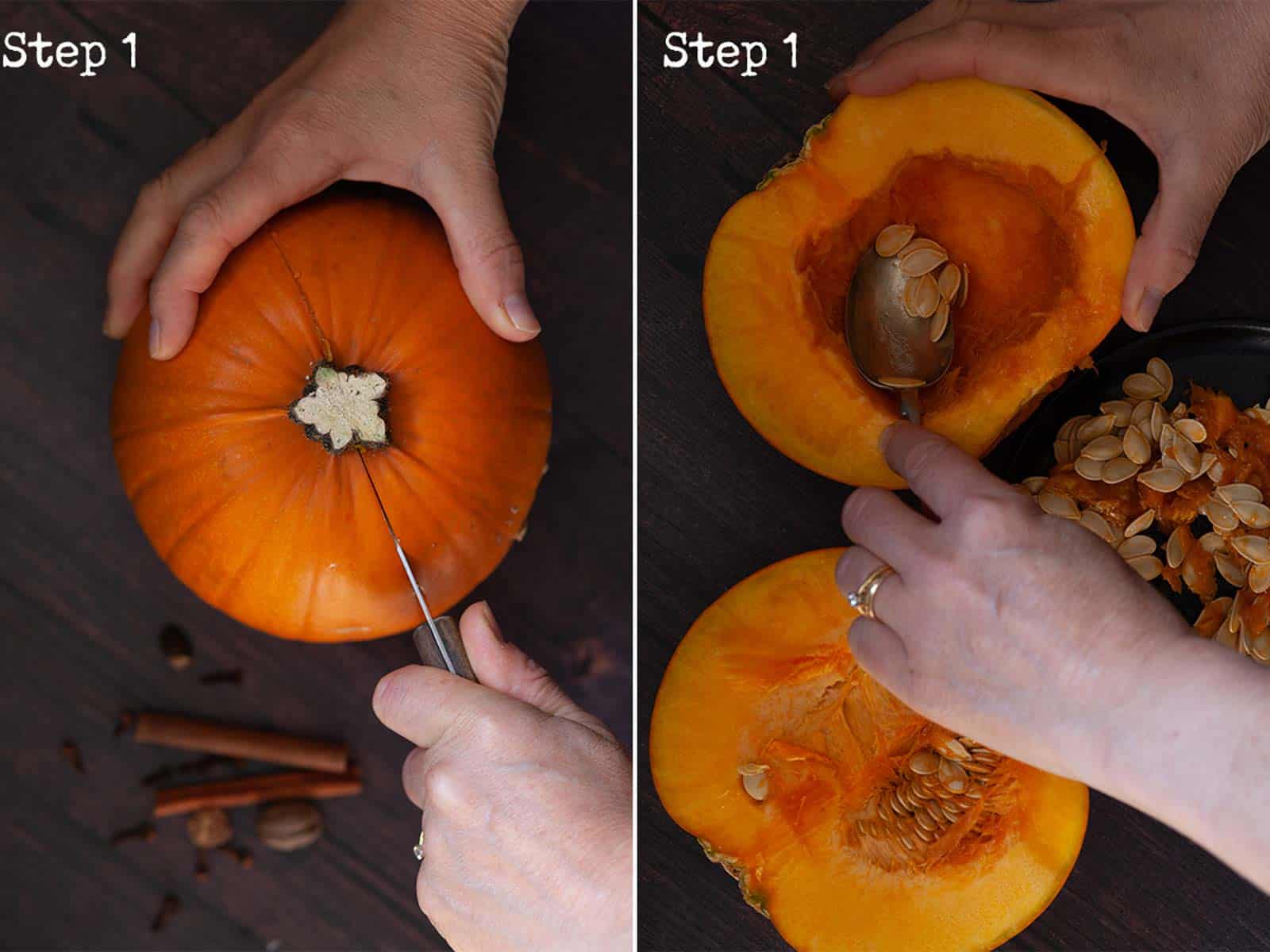 Two images showing a pumpkin being cut and prepared for roasting