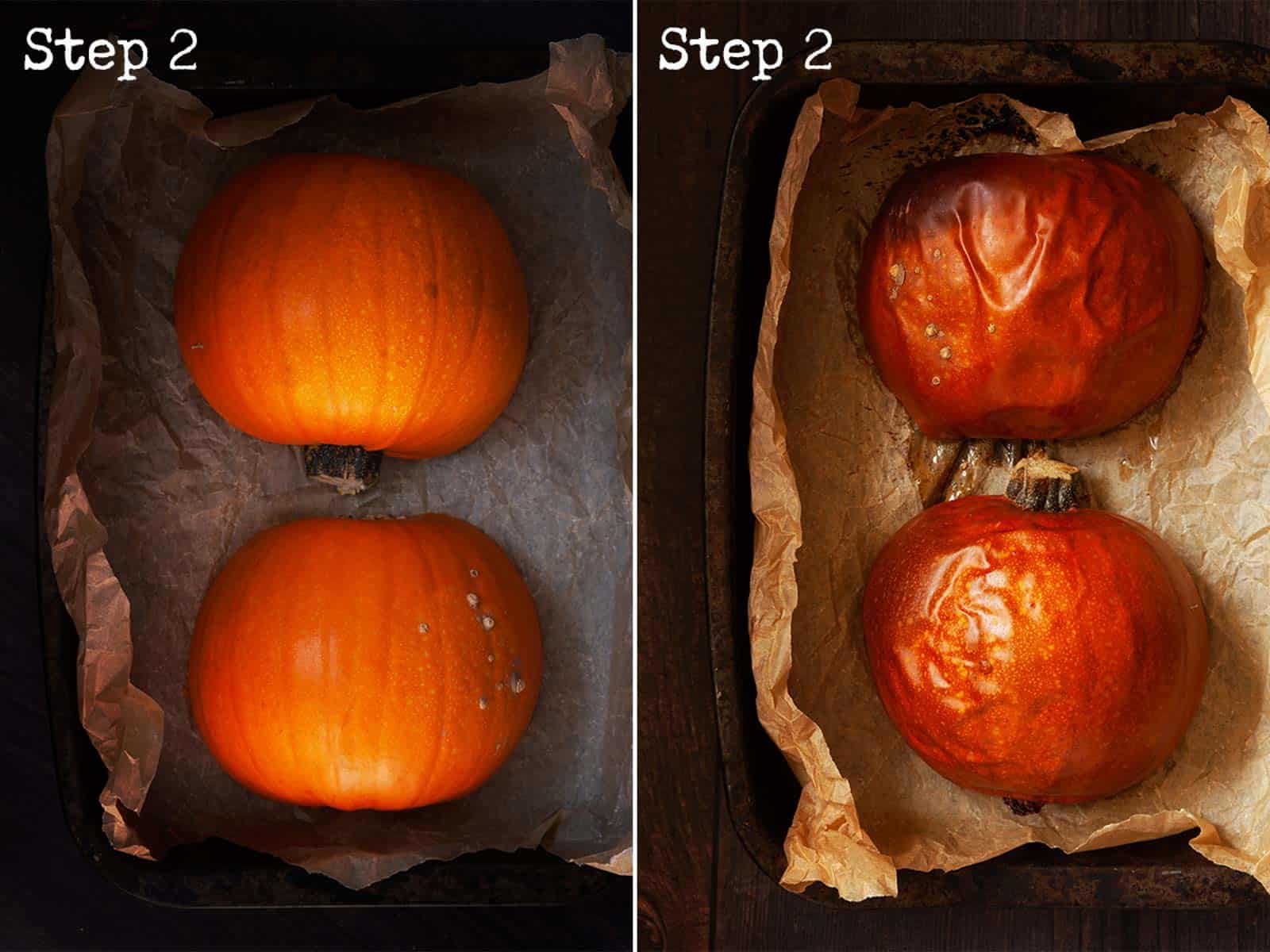 Two images showing pumpkin halves before and after roasting