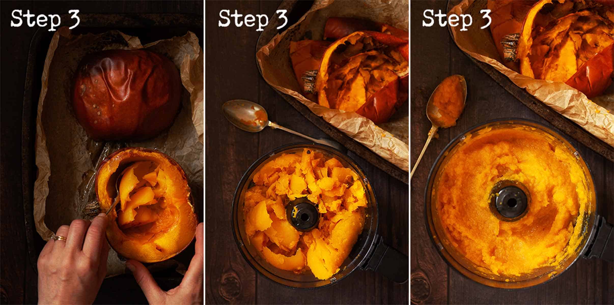 Collage of images showing pumpkin flesh being scooped out and pureed