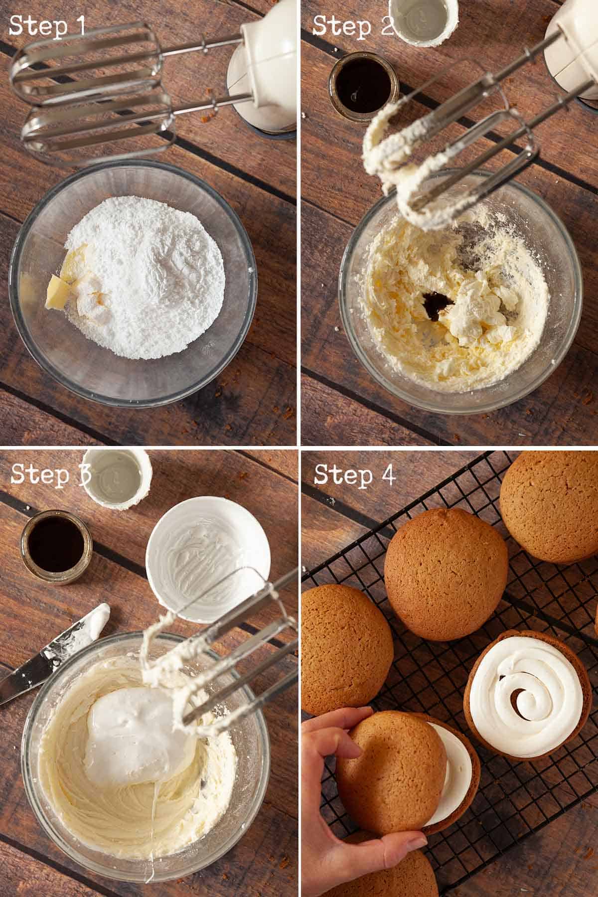 Collage of images showing buttercream being made and used to fill small cakes